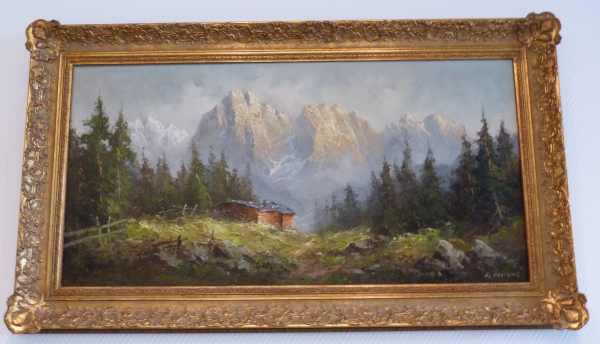 Hartung, Heinrich d.J. (1889-1966) - Berglandschaft mit Hütte.Öl auf Leinwand, gerahmt. Rechts unten