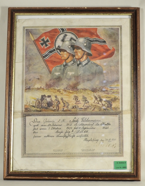 Dienstzeiturkunde für den Gefreiten d.R. Fritz Elstermann des Infanterie-Regiments 66.Farbiger