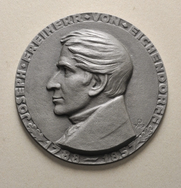 Plakette auf Joseph Freiherr von Eichendorff 1788-1857.Eisen, grau, patiniert, Gießereimarke der