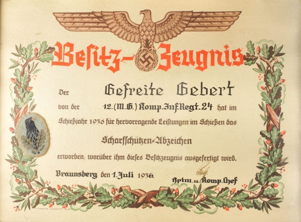 1.2.) Deutsches Reich (1933-45)Scharfschützen-Abzeichen mit Urkunde für den Gefreiten Gebert der