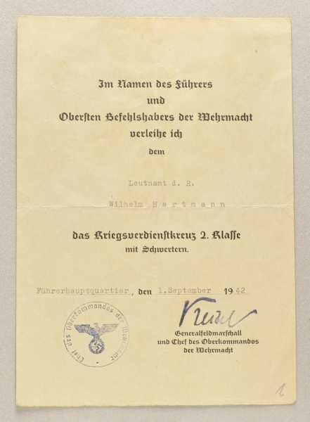 3.1.) Urkunden / DokumenteKriegsverdienstkreuz, 2. Klasse mit Schwertern Urkunde für den Leutnant