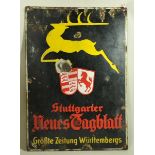 7.1.) HistoricaEmailleschild des Stuttgart Neuen Tagblatts.Emailschild, stark korrodiert. Ca. 49 x