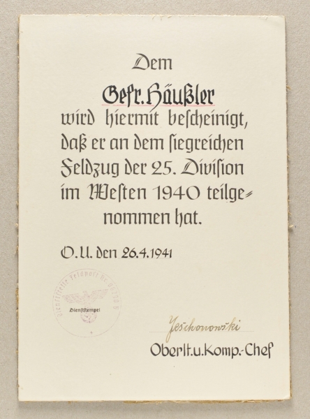 3.1.) Urkunden / DokumenteUrkunde für den Gefreiten Häußler der 25. Division für den Feldzug im