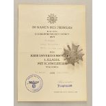 1.2.) Deutsches Reich (1933-45)Kriegsverdienstkreuz, 1. Klasse mit Schwertern und Urkunde des