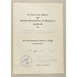 1.2.) Deutsches Reich (1933-45)Kriegsverdienstkreuz, 2. Klasse mit Schwertern Urkunde für den