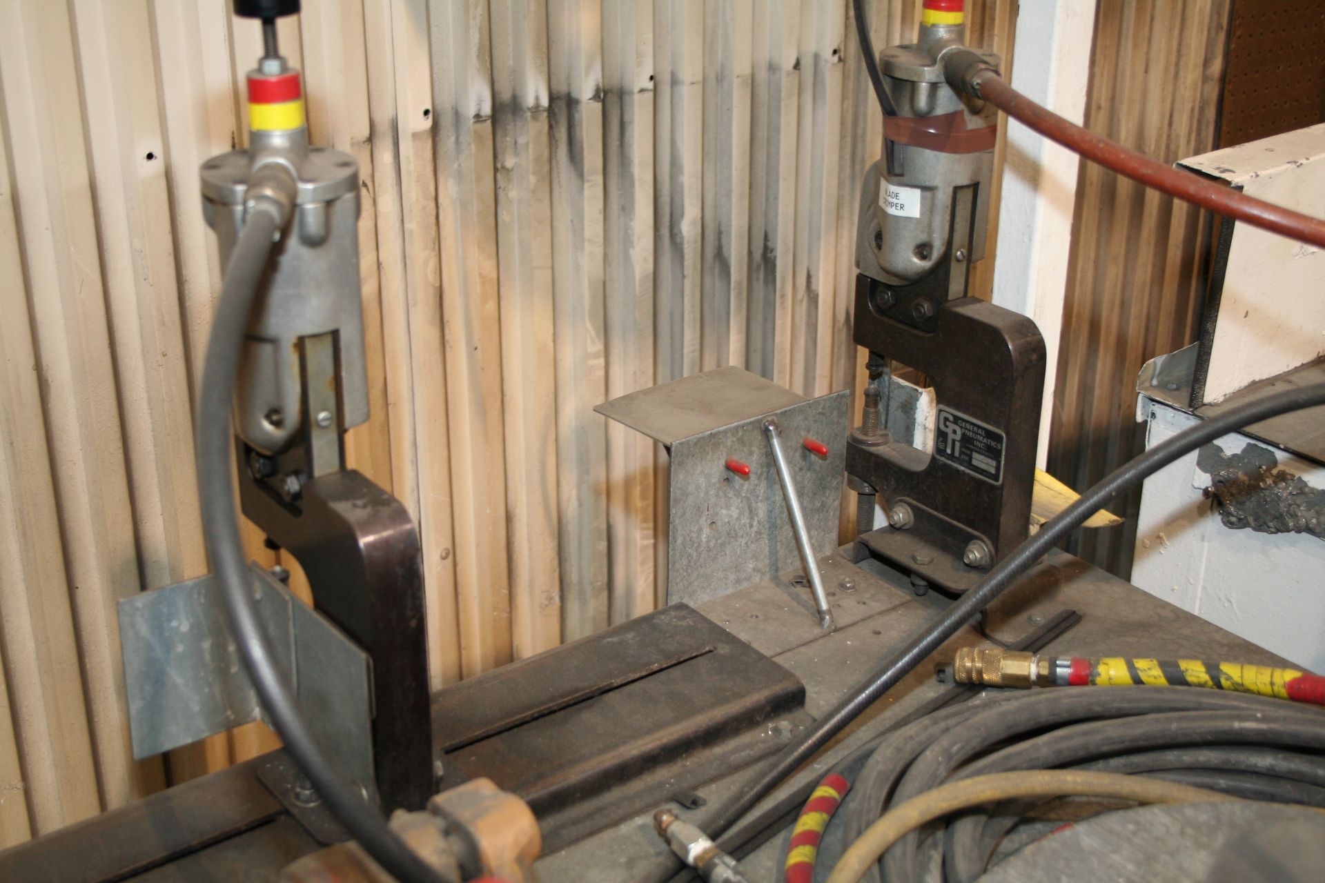 Table with #1 Arbor Press, (2) Air Presses, (2) Payoffs and Cutter - Image 2 of 3