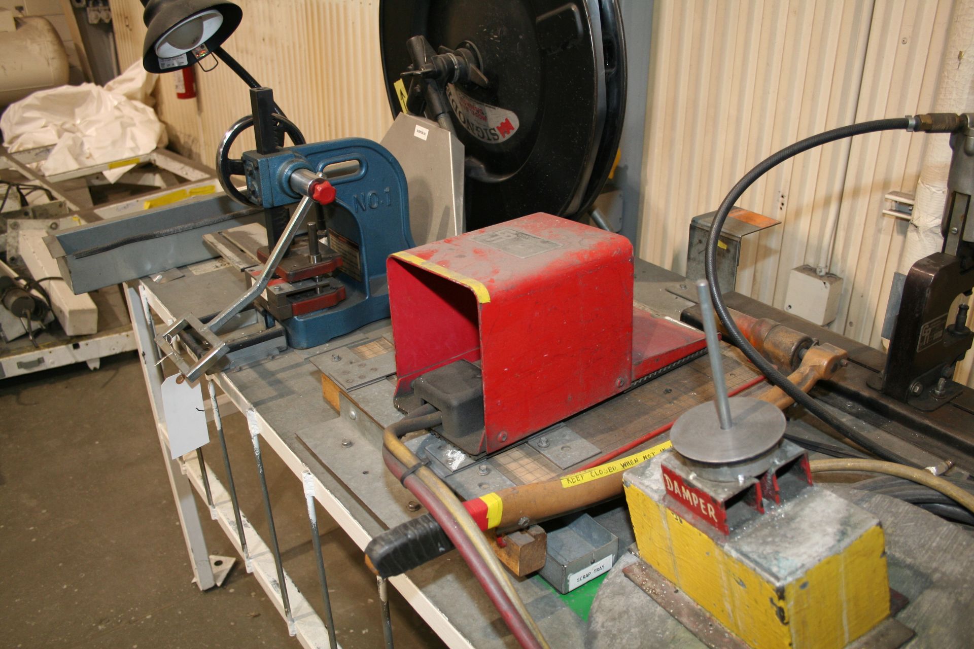 Table with #1 Arbor Press, (2) Air Presses, (2) Payoffs and Cutter - Image 3 of 3