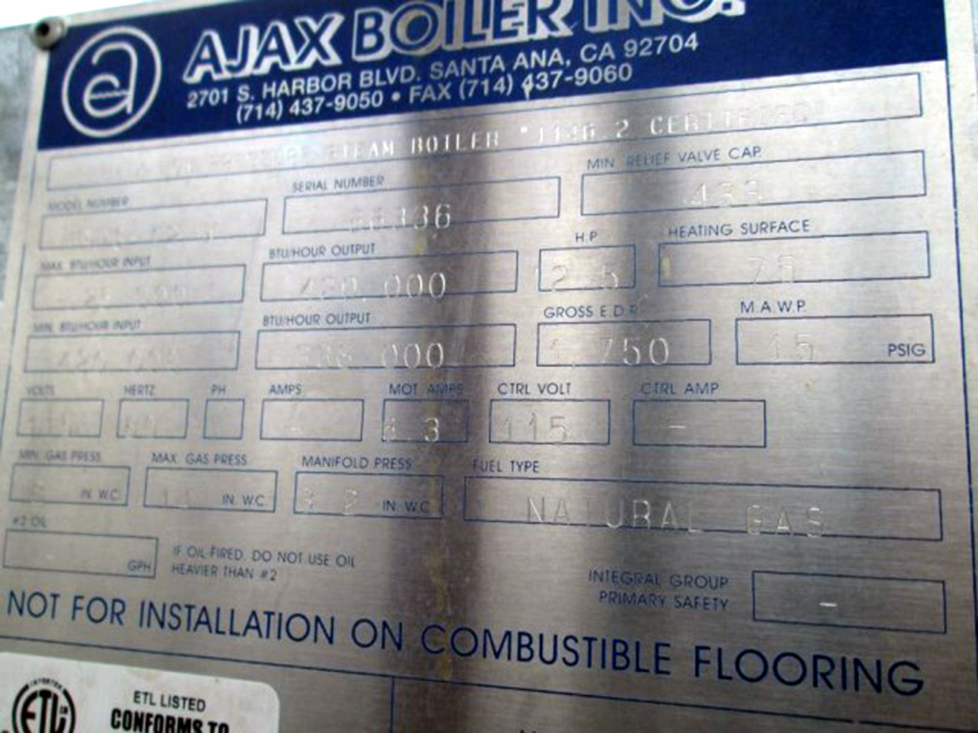 Ajax 12.5 HP Ajax Model HRPG-12-W Natural Gas Steam Boiler, S/N 66336, 15 Max. PSI, Honeywell - Image 2 of 4