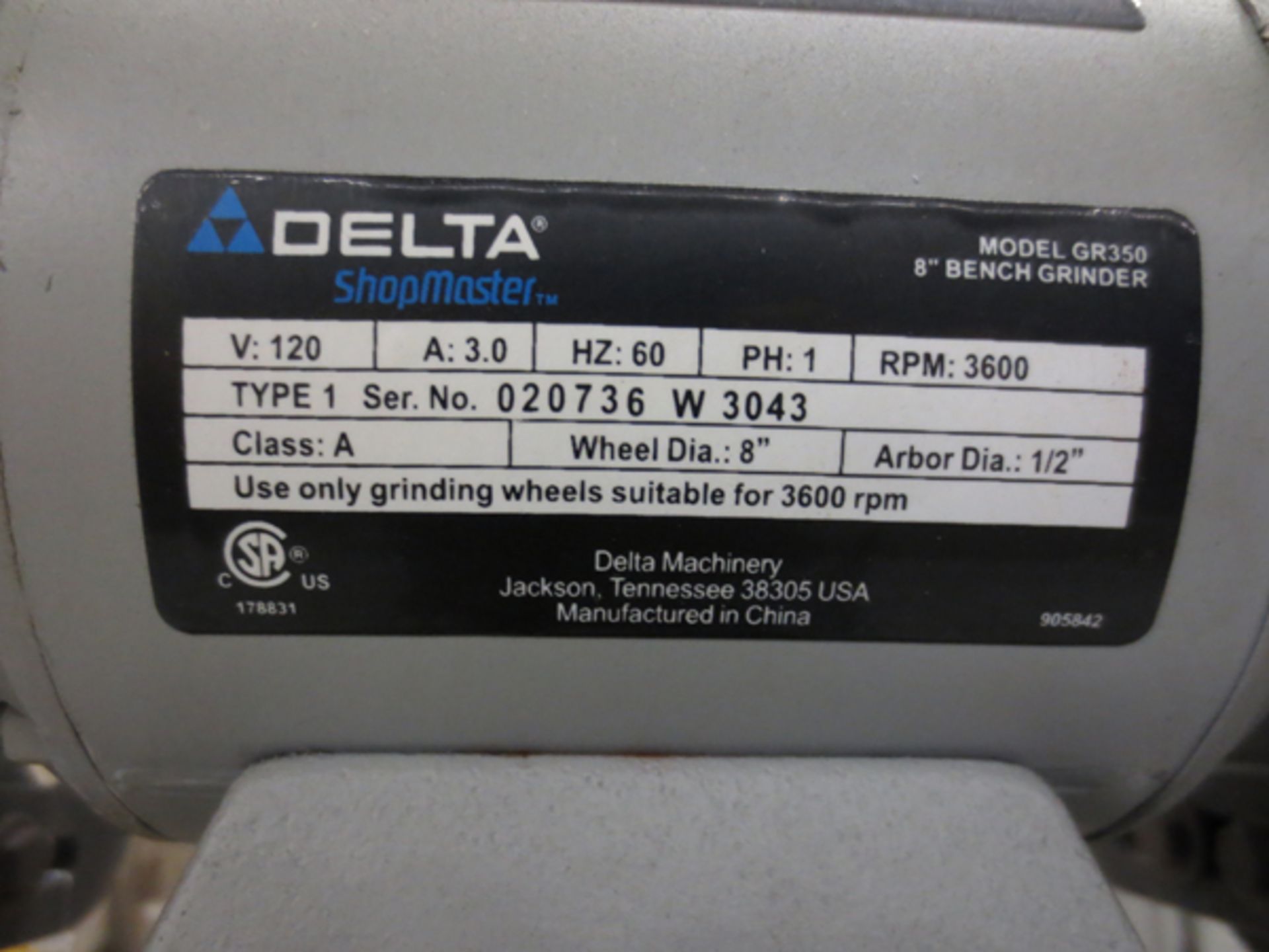 Delta Pedestal Grinder/ 8in wheels  1/2in arbor  3600rpm  Model #GR350 - Image 2 of 2