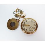 A gentleman’s continental 14k gold open face dress pocket watch, the circular silvered dial with