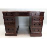 A Victorian rosewood twin pedestal writing desk, the top with gilt tooled hide inset, thumb nail