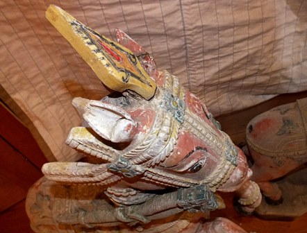 A pair of 19th century Indian carved wood rearing horses, polychrome painted on a white ground, with - Image 5 of 16