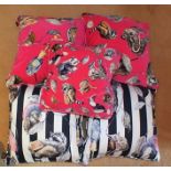Five "House of Hackney" scatter cushions, each depicting wildlife (three pink, and two blue and