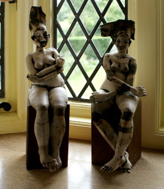 Two contemporary metal and ceramic figure sculptures, 35cm high (2)