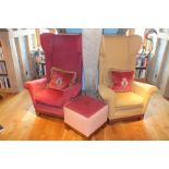 A pair of contemporary wing back easy chairs, having high backs and loose seat pads, one upholstered