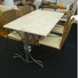 A designer contemporary dining table and chairs, the rectangular mottled marble/corian topped