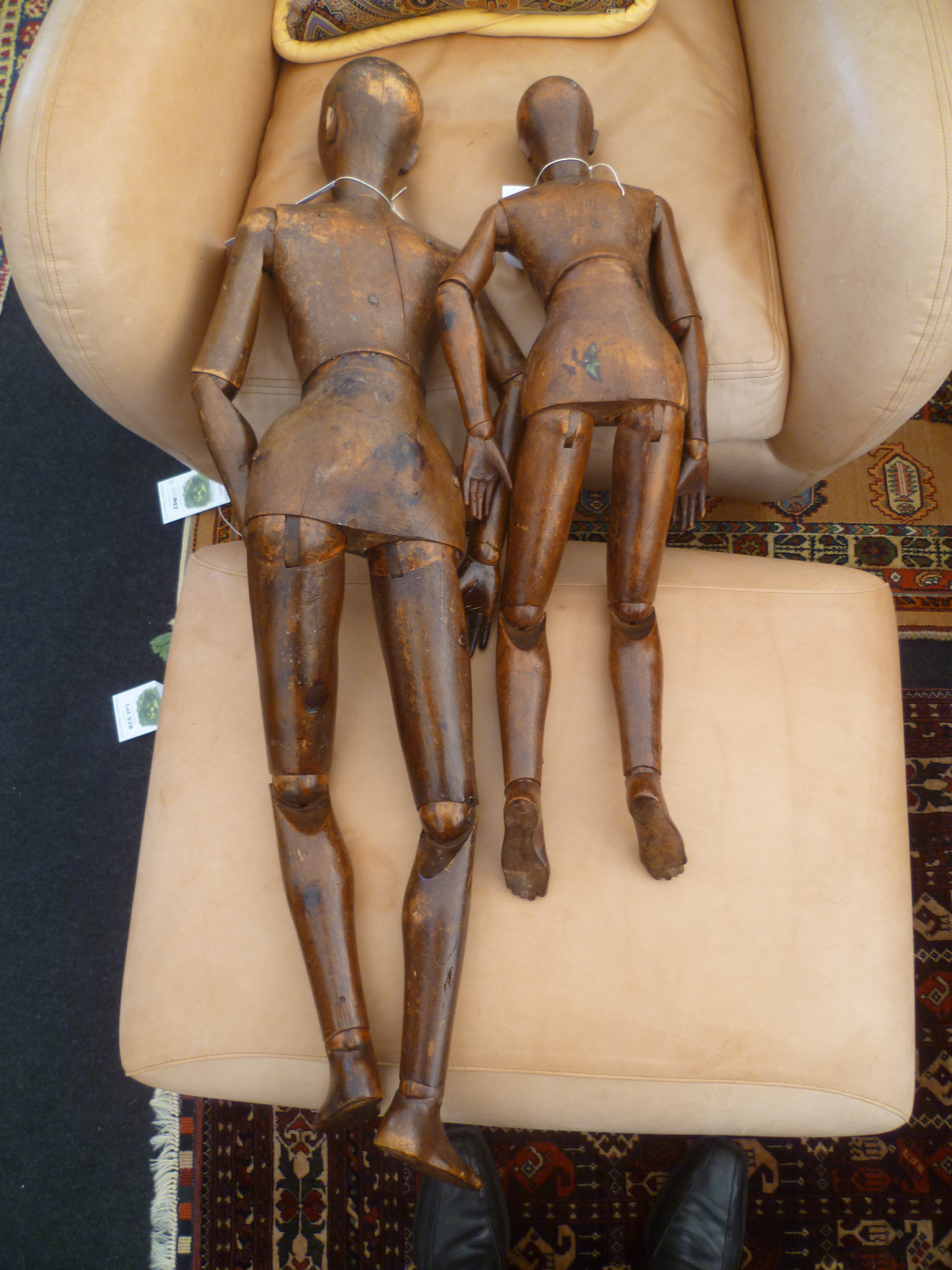 Two early 19th century carved wood and articulated artist's lay figures, 99cm and 80cm high - Image 3 of 4