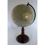 Bacon's Excelsior Terrestrial table globe, 12" model on turned and polished beechwood stand, printed