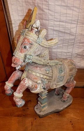 A pair of 19th century Indian carved wood rearing horses, polychrome painted on a white ground, with - Image 12 of 16