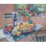 EDWARD NOOTT Still life with red wine and fruit, signed lower left, oil on canvas 75cm x 89cm