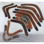 Eleven various Australian Aboriginal Boomerangs to include hunting and returning types, late 20th