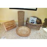 A selection of domestic wares, to include woven raffia stick stand, woven magazine rack, circular