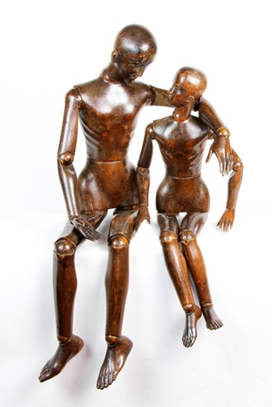 Two early 19th century carved wood and articulated artist's lay figures, 99cm and 80cm high