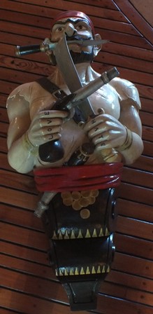 A 20th century carved wood and painted ship's figure head in the form of a Pirate wearing a red - Image 6 of 7