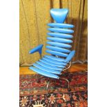 A "De Sede" DS2100 stainless steel and blue leather study chair with head rest, swivelling and