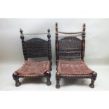 Two Indian hardwood chairs, one with carved panel back, the other panelled and turned spindles,