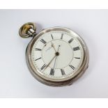 An Edwardian silver open face pocket watch, the white enamel dial with black Roman numerals, the