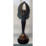 A modern cast and painted figure of a winged angel, on circular stepped plinth base, 48cm high