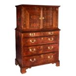 A late 17th century rosewood and walnut cabinet, the flat rectangular top with moulded cornice, over