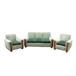 An Art Deco three piece drawing room suite, upholstered in pale green corded velvet with contrasting