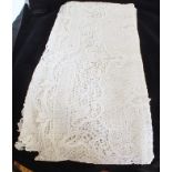 A "tatted" lace table cover, white, approximately 3.4m x 1.65m
