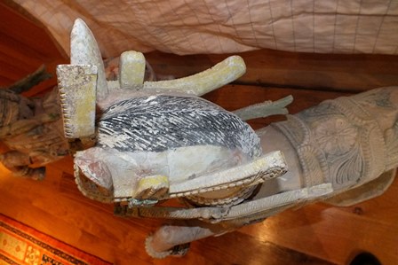 A pair of 19th century Indian carved wood rearing horses, polychrome painted on a white ground, with - Image 14 of 16