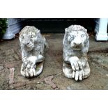 A pair of 19th century Carrara marble statues of recumbent lions, their front paws crossed, on