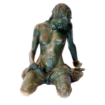 A 20th century bronze of a young woman, semi naked draped with fabric, kneeling, 45cm high (