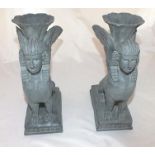 A pair of late 20th century composition sphinx form trumpet vases with lead effect finish, 27cm high