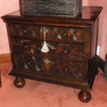 A late 17th century oak chest of small proportions, the rectangular twin plank top with moulded