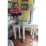 A stained wood table lamp, with House of Hackney fringed shade, 72cm high