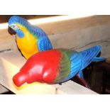 Two carved wood and painted Macaws, at perch (ex rafters at Highfield !)