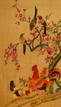 A set of six 20th century bird studies, embroideries, 53cm by 91cm