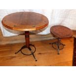 One contemporary figured and burr veneered occasional table, with ring turned stems and wrought iron