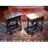 A matched pair of late 17th century oak joynt stools, the rectangular seats with moulded edge,