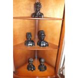 Five African carved hardwood figurative busts, tallest 15cm high