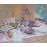 EDWARD NOOTT Still life with white wine and fruit, signed lower right, oil on canvas, 61cm x 74cm