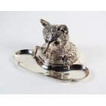 A Victorian silver plated fox mask and brush ink stand, designed as a cast fox mask with glass set