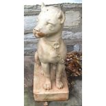 A French terracotta seated French Bulldog wearing a collar and chain on rectangular base, stamped