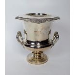 A silver plated wine cooler, of campagna form, the plain polished body engraved ‘Maxim An American